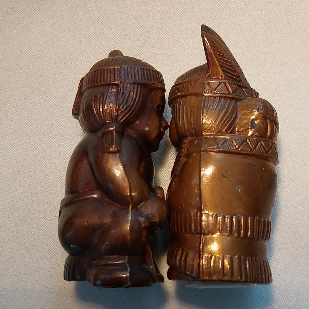 Vintage Salt and Pepper Shakers Set Cast Metal Native American EUC